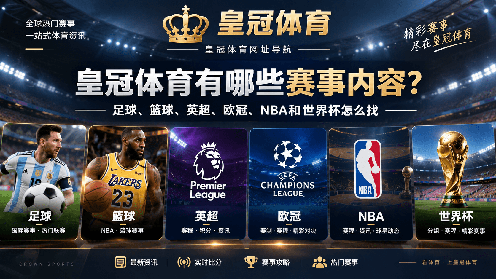 皇冠体育赛事内容指南封面，展示足球、篮球、英超、欧冠、NBA和世界杯