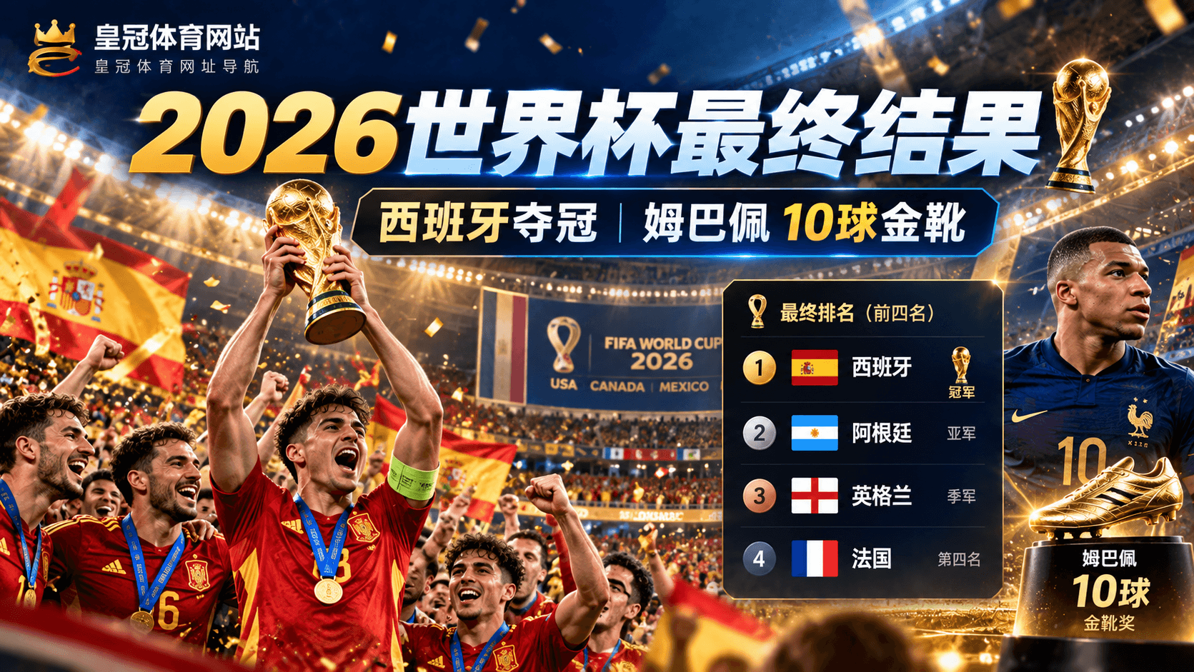 2026世界杯最终结果 皇冠体育2026世界杯最终结果西班牙夺冠姆巴佩获得金靴